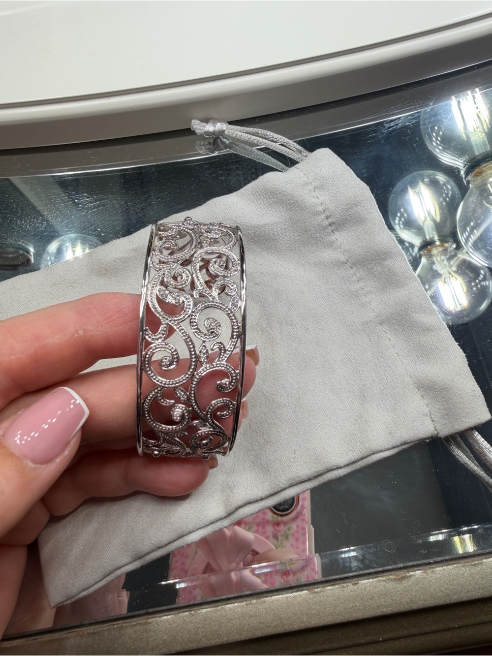 Intricate 925 Sterling Silver Filigree Cuff Bracelet - with diamond chips